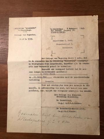 WO II. Geschiedenis psychiatrie. Brief 08-02-1943 Stichting beschikbaar voor biedingen