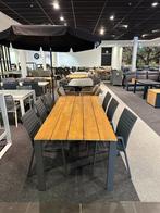 teakhouten eettafel met aluminium onderstel en 6 stoelen, Ophalen, 6 zitplaatsen, Aluminium, Zo goed als nieuw