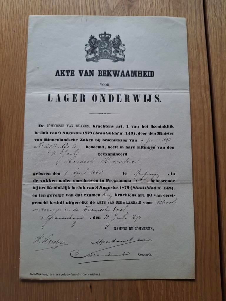 Akte van Bekwaamheid Lager Onderwijs. 1890., Ophalen of Verzenden, Gebruikt, Overige typen