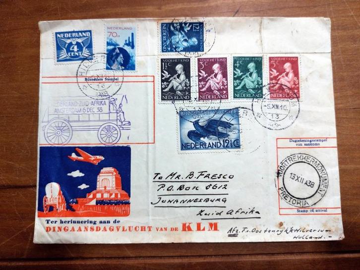 Z. Afrika "Dingaansvlucht KLM 1938", Nederland-Z. Afrika, Postzegels en Munten, Brieven en Enveloppen | Nederland, Brief, Ophalen of Verzenden