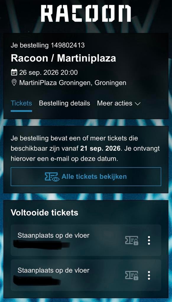Tickets voor: RACOON, Tickets en Kaartjes, Evenementen en Festivals, Twee personen