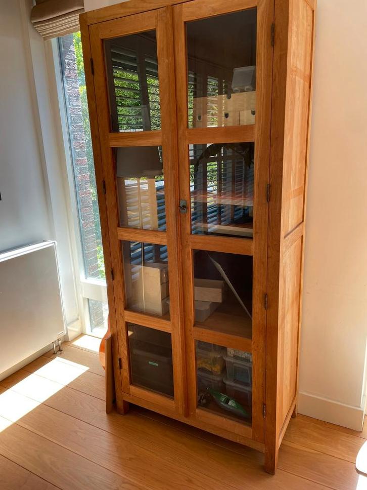 Teakhouten kast met glazen deuren, Huis en Inrichting, Kasten | Vitrinekasten, Gebruikt, 200 cm of meer, 50 tot 100 cm, 25 tot 50 cm