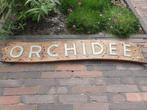 Groot antiek houten bord met aluminium letters " orchidee ", Ophalen of Verzenden