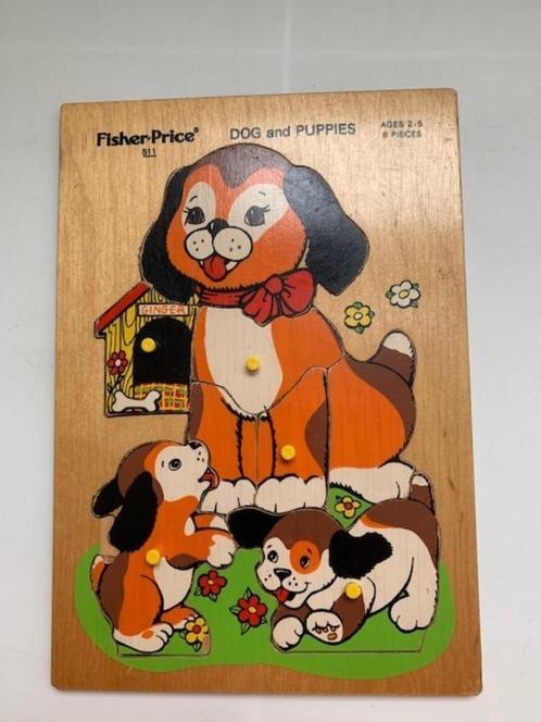 Vintage houten puzzel Fisher Price. Dog and puppies / hond., Kinderen en Baby's, Speelgoed | Houten speelgoed, Gebruikt, Overige typen
