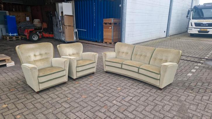 Vintage Mosgroen Velours Bankstel, Huis en Inrichting, Banken | Complete zithoeken, Gebruikt, Hout, Stof, Ophalen