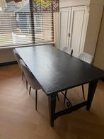 Zwarte Eiken Keukentafel + 6 Grijze Velvet Stoelen, Huis en Inrichting, Stoelen, Gebruikt, Zwart, Ophalen of Verzenden, Vijf, Zes of meer stoelen