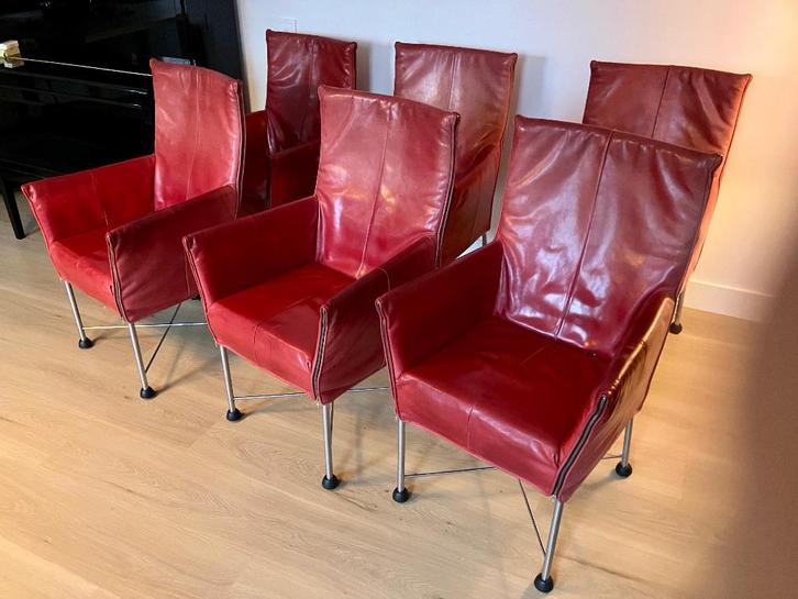 Montis Chaplin Set van 6 stoelen, rood leer, Huis en Inrichting, Stoelen, Gebruikt, Vijf, Zes of meer stoelen, Leer, Metaal, Rood
