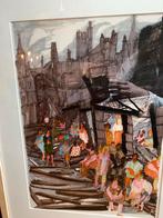 Schilderij van een stad met mensen, Mayke Sassen, Ophalen of Verzenden