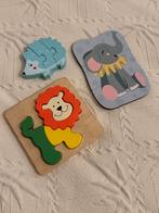 Houten Puzzels Dieren - Leeuw, Olifant, Egel, 2 tot 4 jaar, Ophalen of Verzenden, Zo goed als nieuw, Van hout