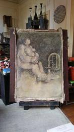 "Naakt met tuba" Grote pentekening met krastechniek. 1985, Antiek en Kunst, Ophalen
