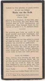 Maria van der Kolk 1881 Heemskerk + 1944 Beverwijk, 62 jaar, Verzamelen, Bidprentjes en Rouwkaarten, Verzenden
