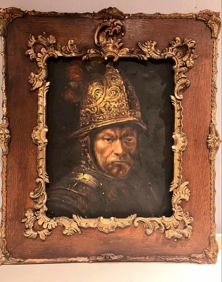 Schilderij van man met helm, 66x76 cm, Antiek en Kunst, Kunst | Schilderijen | Klassiek, Ophalen of Verzenden