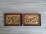 Mooie oude originele koperen plaquettes in houten lijst., Ophalen of Verzenden, Koper
