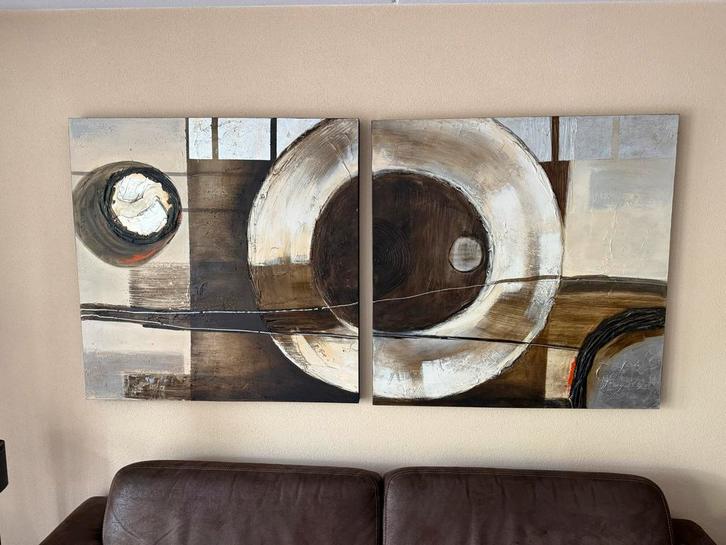 Origineel Tweeluik Schilderij 1x1m + Certificaat, Antiek en Kunst, Kunst | Schilderijen | Abstract, Ophalen of Verzenden