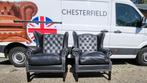 Set van 2 Chesterfield fauteuils zwart leer. Goede conditie., Ophalen, Gebruikt, Chesterfield, Leer
