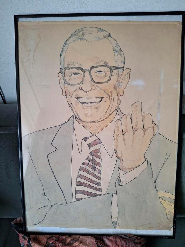 Vintage Karikatuur van een man in pak, Antiek en Kunst, Kunst | Tekeningen en Foto's, Ophalen of Verzenden