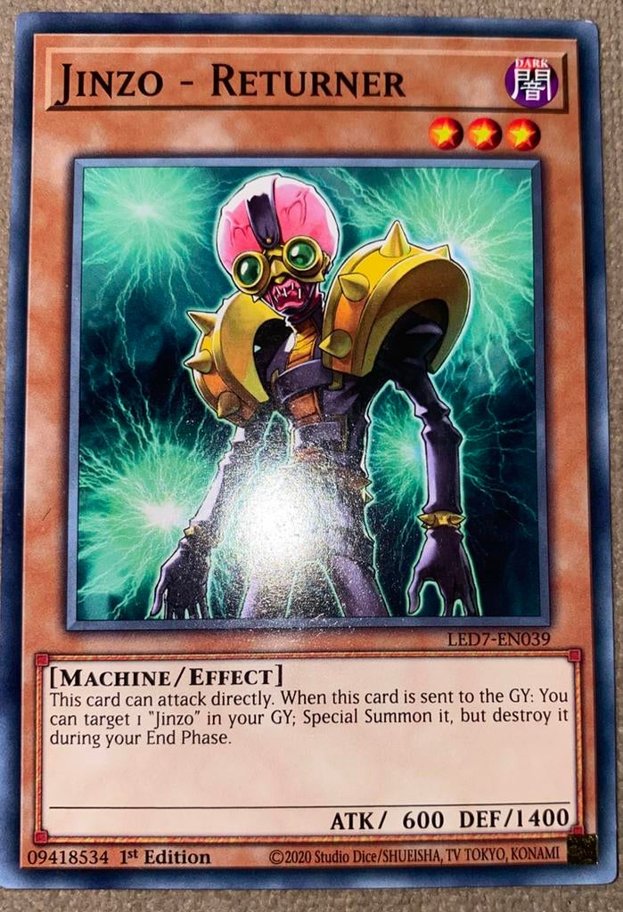 Yu-Gi-Oh! Jinzo - Returner LED7 1st Edition !, Ophalen of Verzenden, Zo goed als nieuw, Losse kaart