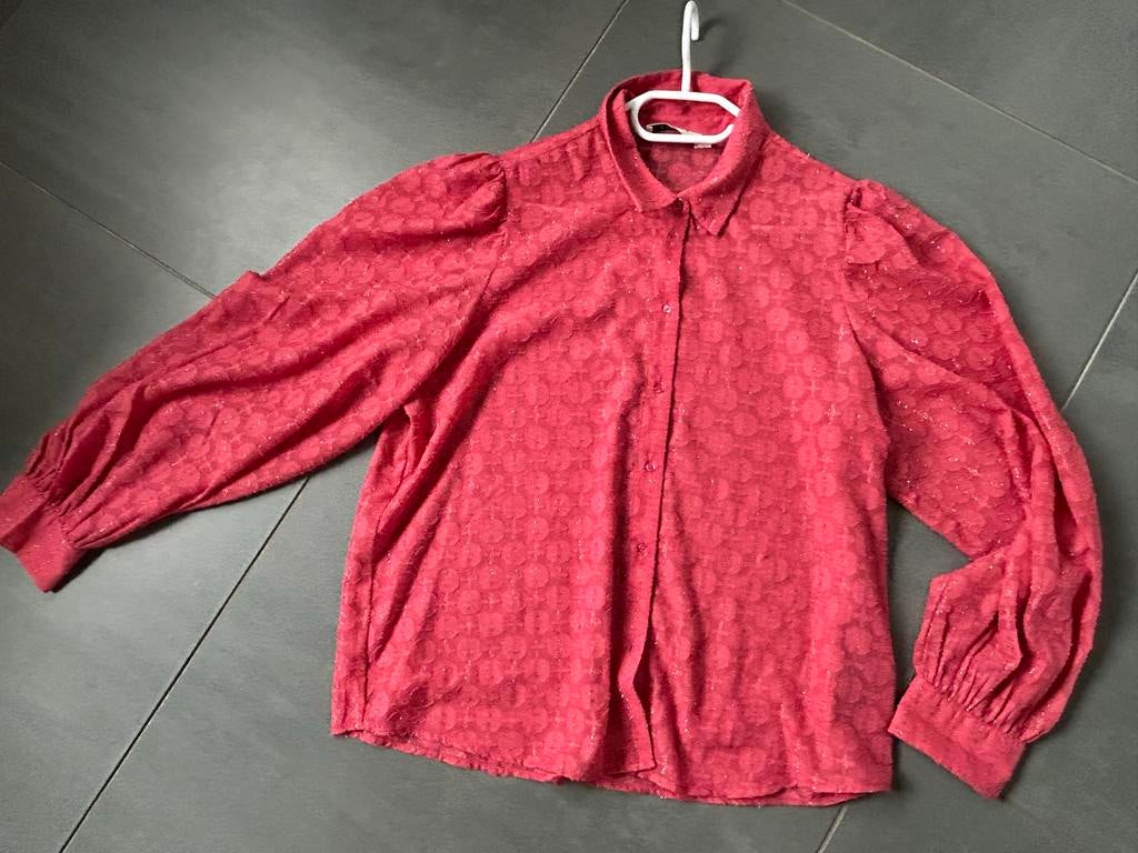 Rode blouse met pofmouwen en cirkelpatroon, Kleding | Dames, Blouses en Tunieken, Ophalen of Verzenden, Zo goed als nieuw, Maat 46/48 (XL) of groter