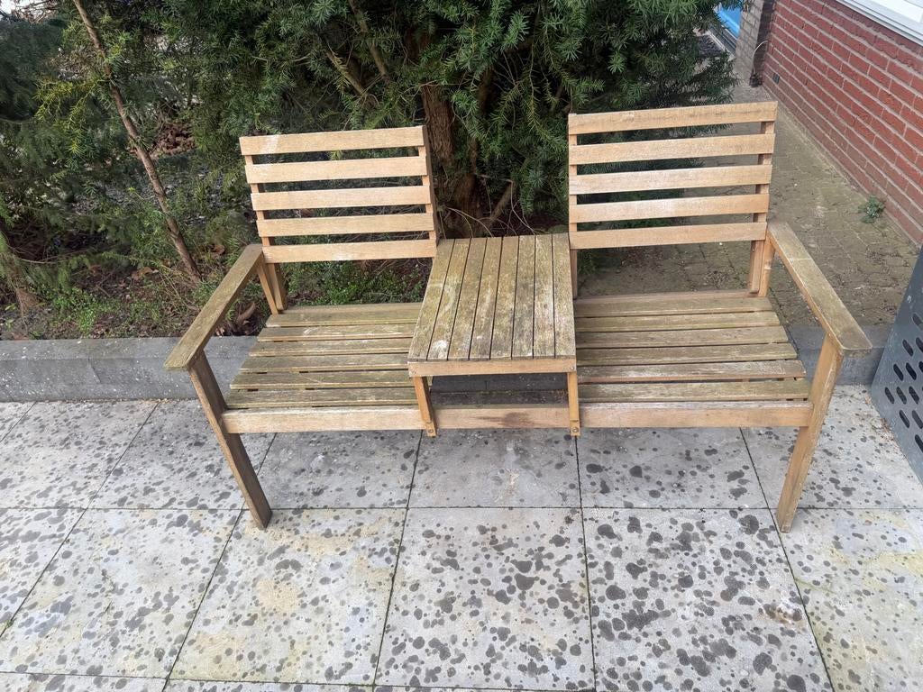 Houten tuinbank met tafeltje - Teakhout, Tuin en Terras, Tuinbanken, Ophalen of Verzenden, Gebruikt, Teakhout