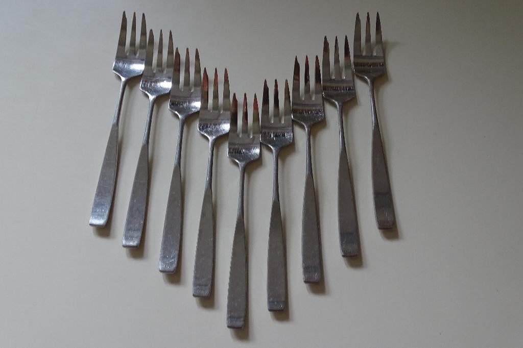 9 Sola Elite gebaksvorkjes, Gebruikt, Ophalen of Verzenden, Rvs of Chroom, Vaatwasserbestendig