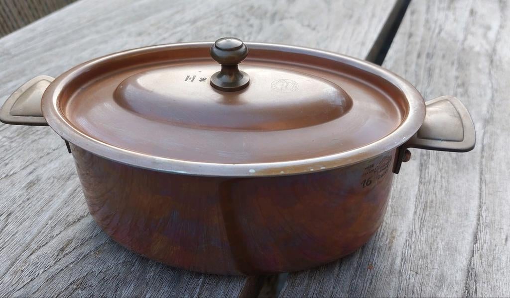 Vintage koperen braadpan Maison L. Lecellier Villedieu, Huis en Inrichting, Keuken | Potten en Pannen, Ophalen of Verzenden, Gietijzer