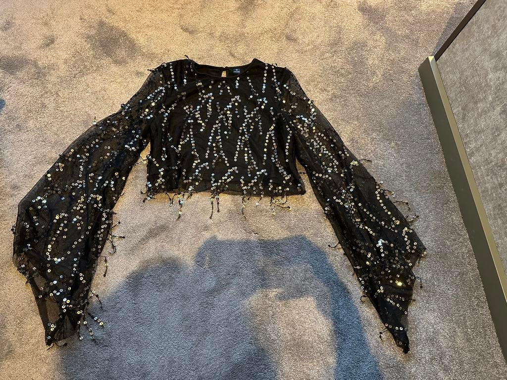 Shirt zwart met pailletten mt XS, Zwart, Ophalen of Verzenden, Zo goed als nieuw, Lange mouw