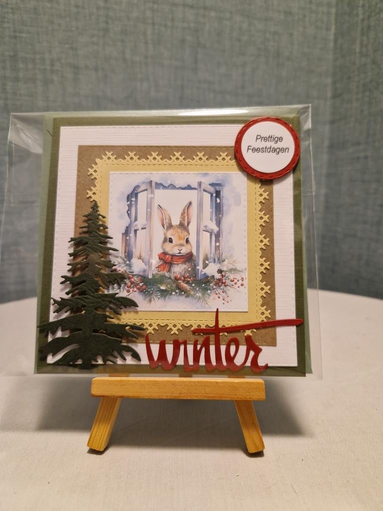 Kaartje kerst haasje met sjaal om kijkend door raam, Ophalen of Verzenden, Nieuw, Kerst