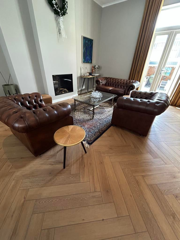 Chesterfield set: 2-zitsbank en 2 fauteuils (leer), Ophalen, Gebruikt, Tweepersoons, Leer