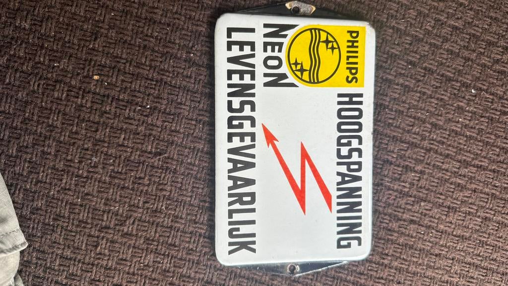 Emaille bordje hoogspanning Philips neon levensgevaarlijk, Reclamebord, .com, Emaile, Ophalen of Verzenden