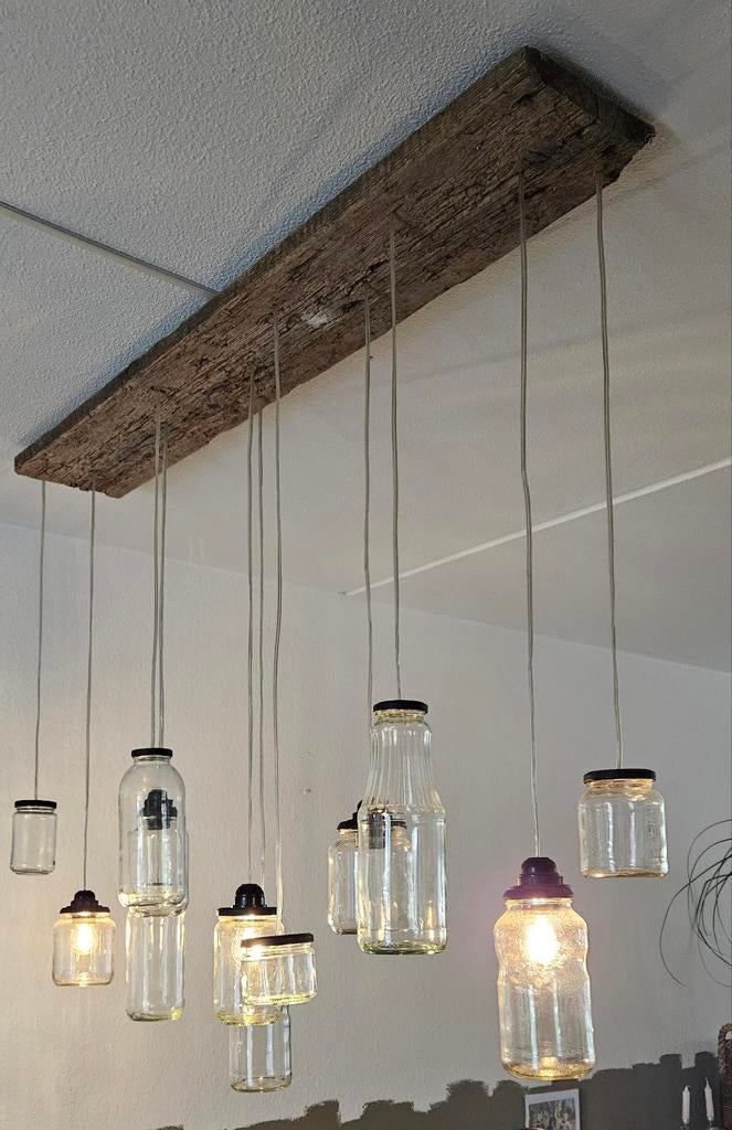 Unieke handgemaakte hanglamp met glazen potjes, Ophalen, Glas, Minder dan 50 cm