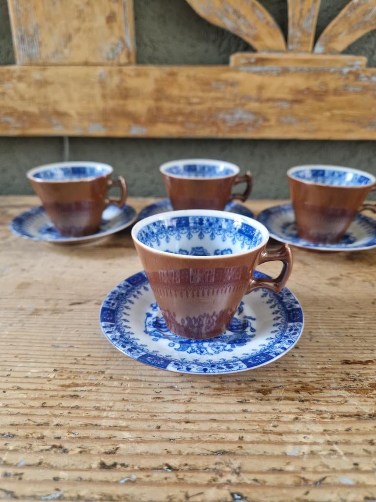 Vintage kop en schotels, blauw-wit met bruin, Ophalen of Verzenden