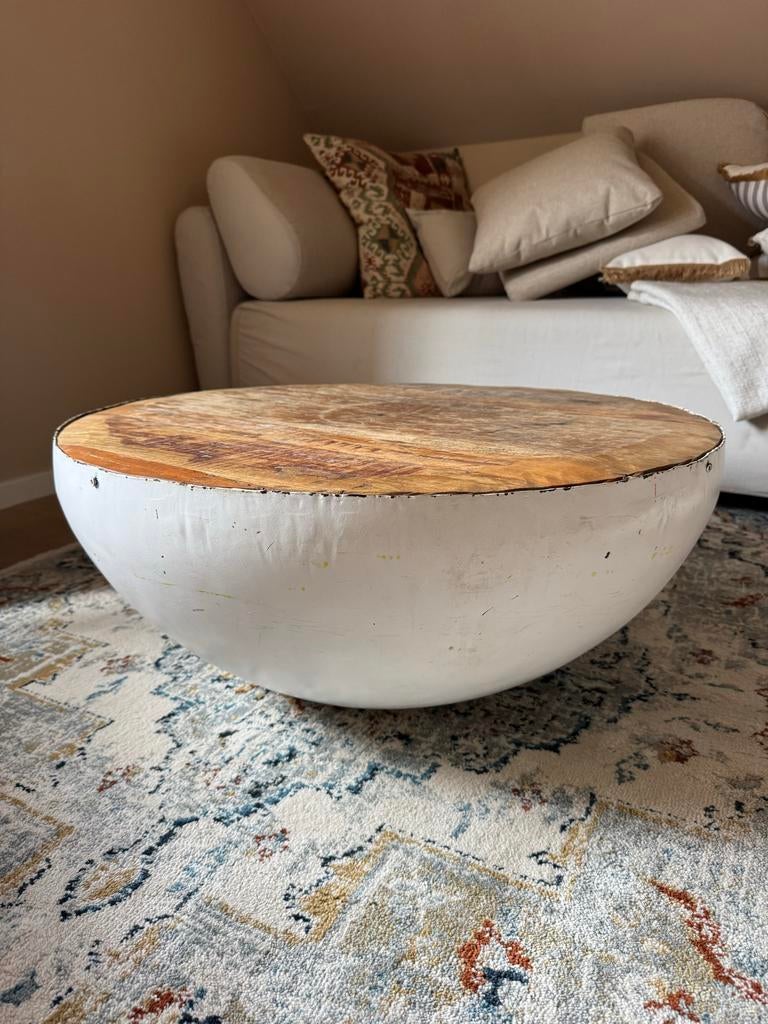 Salontafel rond wit met houten blad, Huis en Inrichting, Tafels | Salontafels, Ophalen, Gebruikt, Rond, 50 tot 100 cm