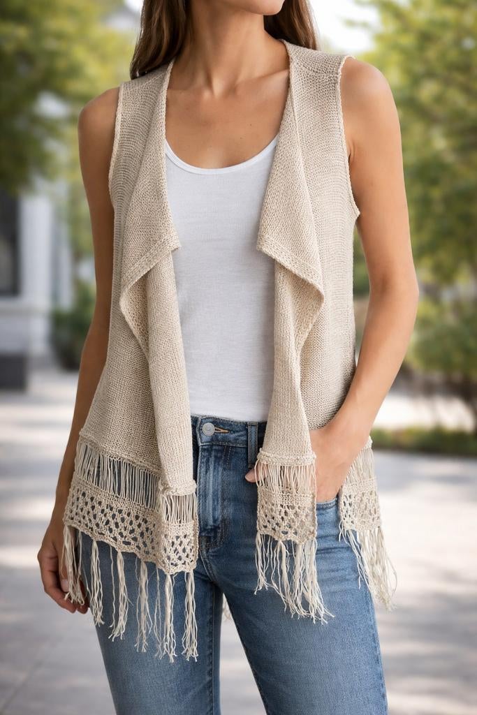 YAYA Women vest met franjes, Gerringa, Erikgerringa@hotmail.com, Beige, Ophalen of Verzenden