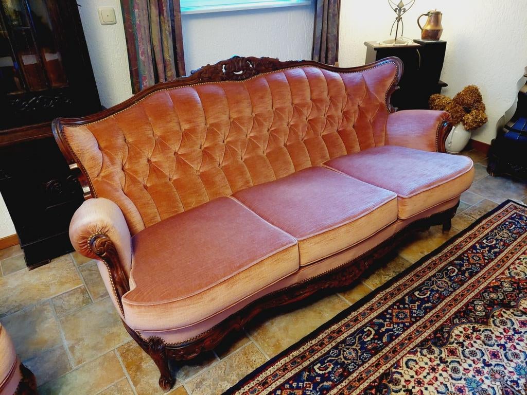 Antieke roze fluwelen bank en fauteuils set, Ophalen of Verzenden