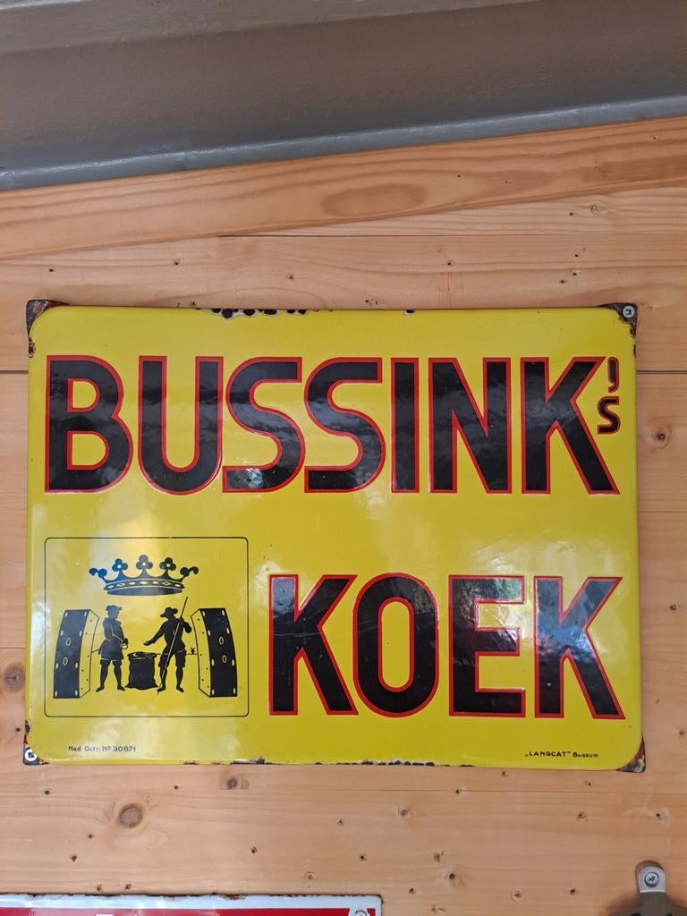 Mooi oud emaille bord Bussink.s Koek, Verzamelen, Merken en Reclamevoorwerpen, Ophalen of Verzenden, Gebruikt, Reclamebord