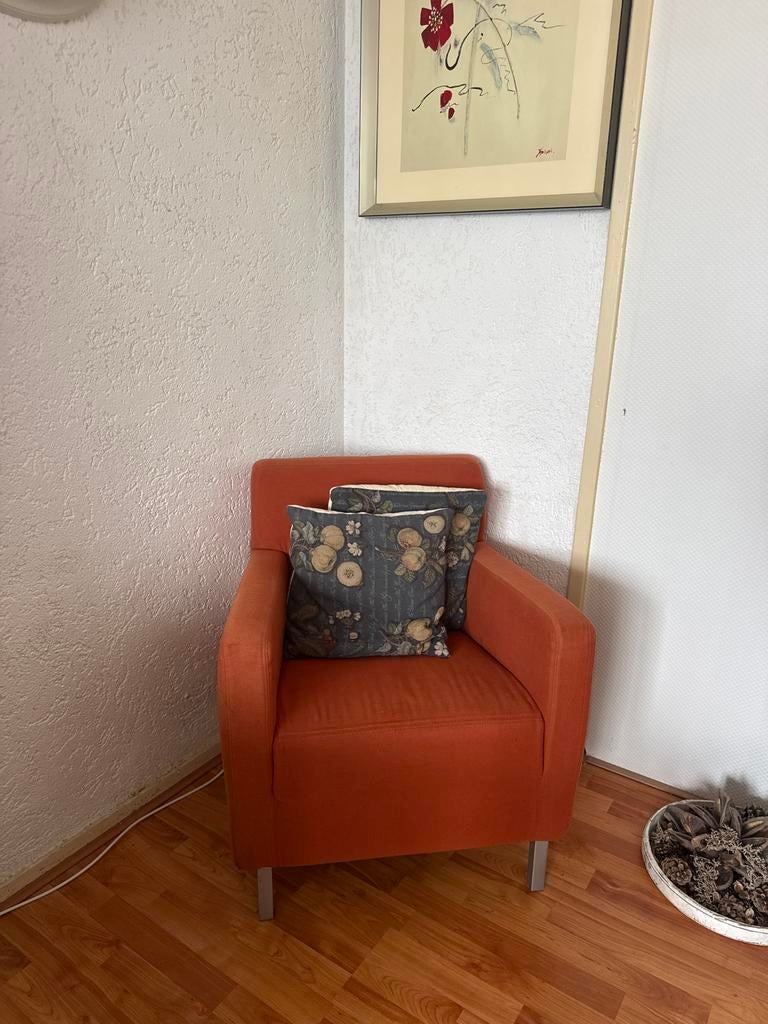 Oranje fauteuil, Ophalen, Gebruikt, Stof, 75 tot 100 cm