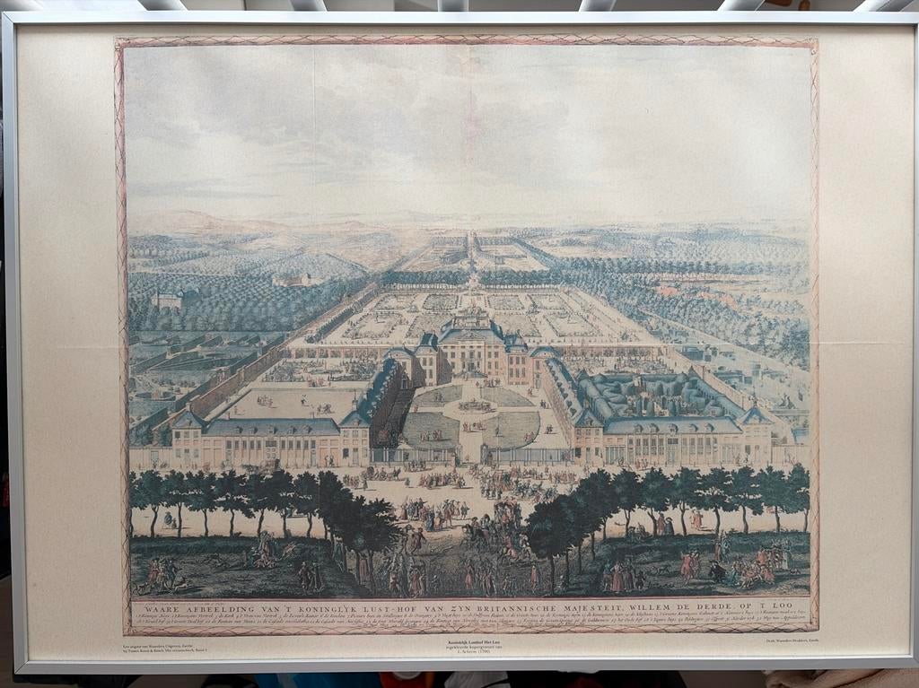 Ingelijste kopergravure Koninklijk Lusthof Het Loo, Ingelijst, Architectuur, Ophalen of Verzenden, Gravure