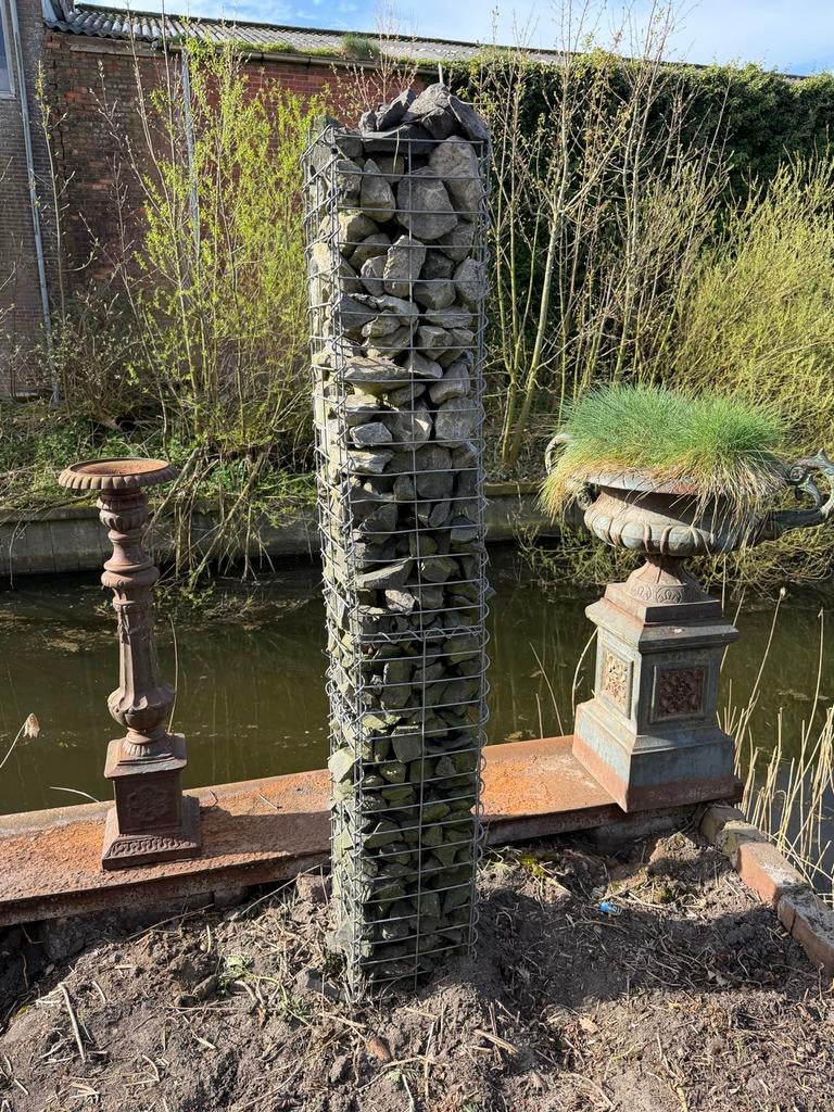 3 Gabionen pilaren met stenen, circa 180 cm hoog, Ophalen, Gebruikt, Steen, Overige typen