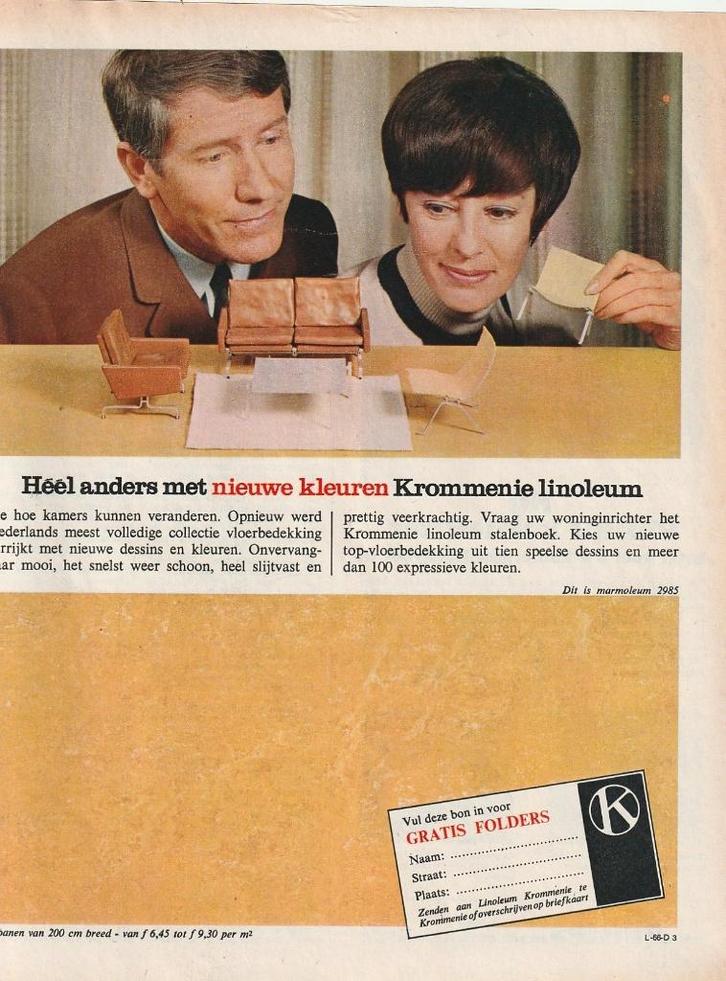 Retro reclame 1966 Krommenie linoleum in honing geel, Verzamelen, Retro, Overige typen, Verzenden