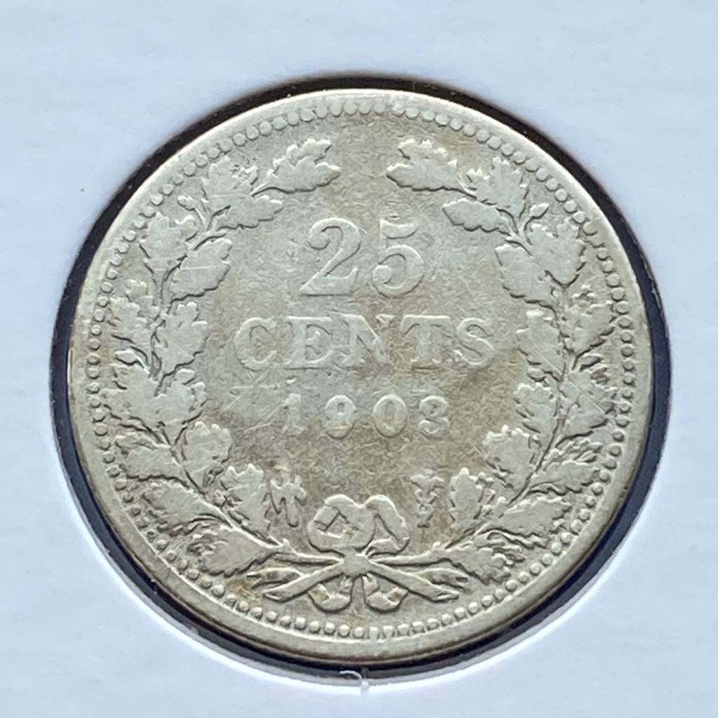 25 Cent Zlver uit 1903 van Wilhelmina, Postzegels en Munten, Munten | Nederland, Verzenden, Zilver, 25 cent, Koningin Wilhelmina