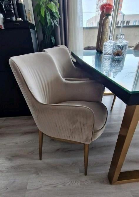 ☀️ Richmond interieur eettafel & 6 gouden stoelen ☀️, Ophalen, Gebruikt, Glas, Luxe