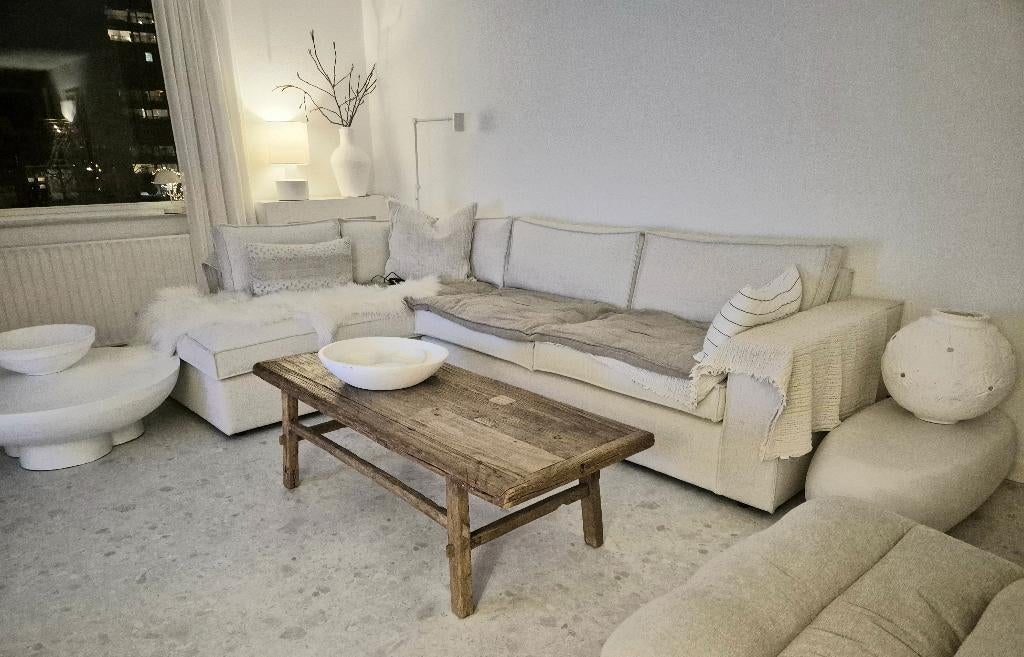 Oude elmhouten salontafel Woontheater Japandi loods 5, Ophalen, 100 tot 150 cm, 50 tot 100 cm, Zo goed als nieuw