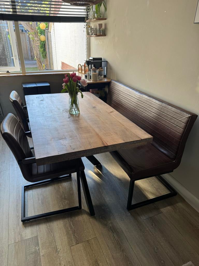 Complete Eethoek: Mangohouten Tafel, Eetbank en Stoelen, Ophalen, Gebruikt, 50 tot 100 cm, 150 tot 200 cm