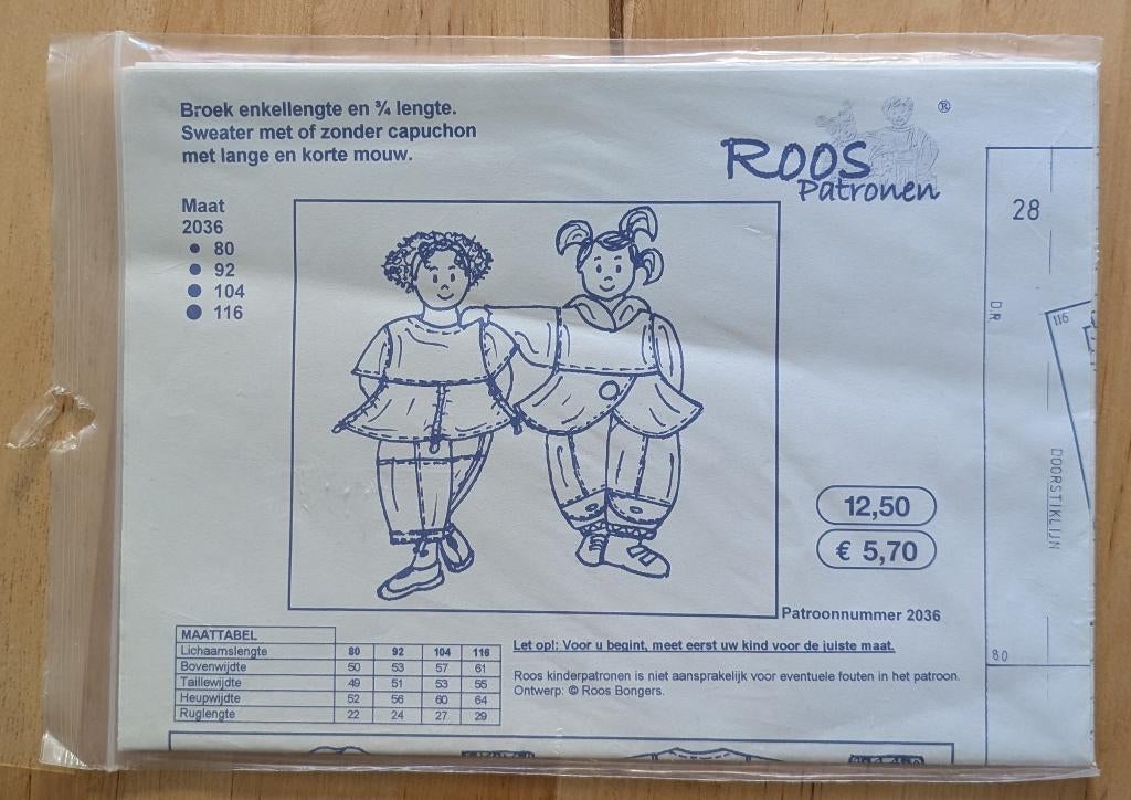 Naaipatroon Roos 2036 broeken, sweaters maat 80-116, Hobby en Vrije tijd, Kledingpatronen, Ophalen of Verzenden, Zo goed als nieuw