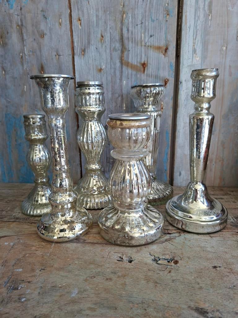 6 armeluis zilverkleurige kandelaars, Ophalen of Verzenden, Overige materialen, Minder dan 25 cm