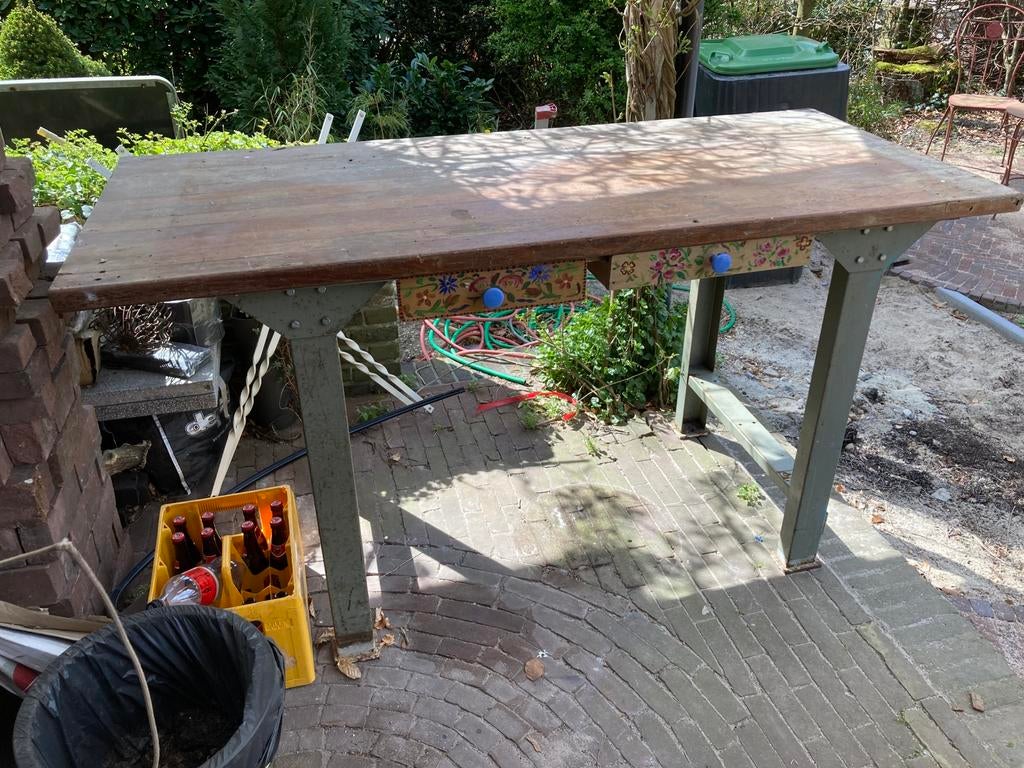 Werkbank hardhouten blad / ijzeren onderstel, Ophalen, Gebruikt, 170 cm of meer