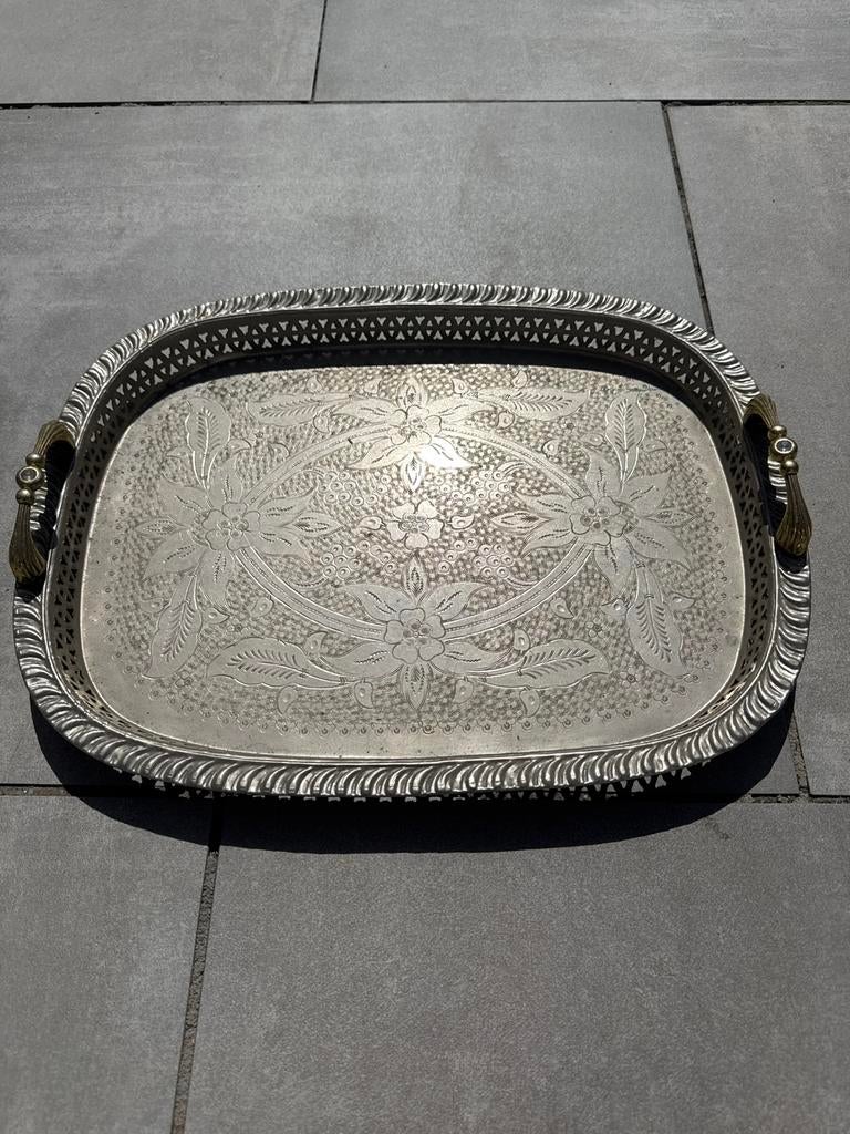 Marokkaanse dienblad met bloemmotief en gouden handvaten, Ophalen of Verzenden