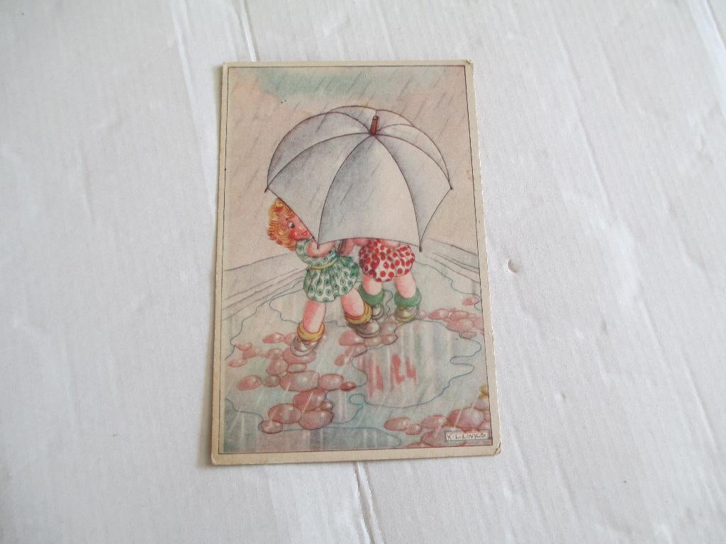 oude kinderkaart onder de paraplu, Ophalen of Verzenden, 1940 tot 1960, Ongelopen, Kinderen