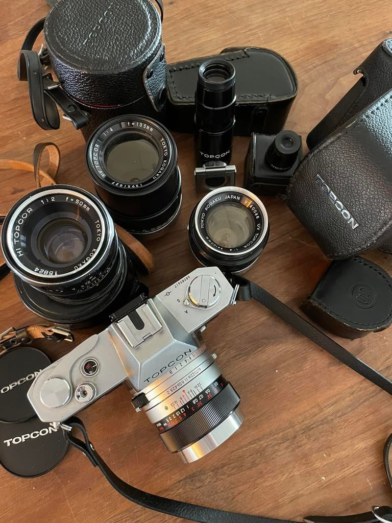 Zeer complete Topcon set, Ophalen of Verzenden, Gebruikt, Spiegelreflex, Overige Merken