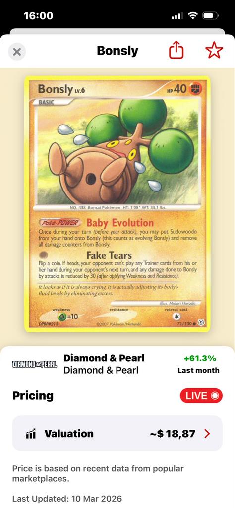 Pokémon kaart Bonsly LV.6 Diamond & Pearl, Ophalen of Verzenden, Gebruikt, Losse kaart
